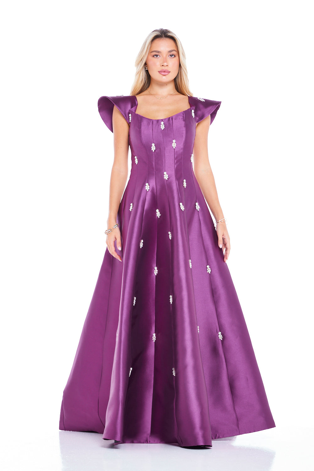 Crystal-Embellished A-Line Gown with Sculptural Sleeves