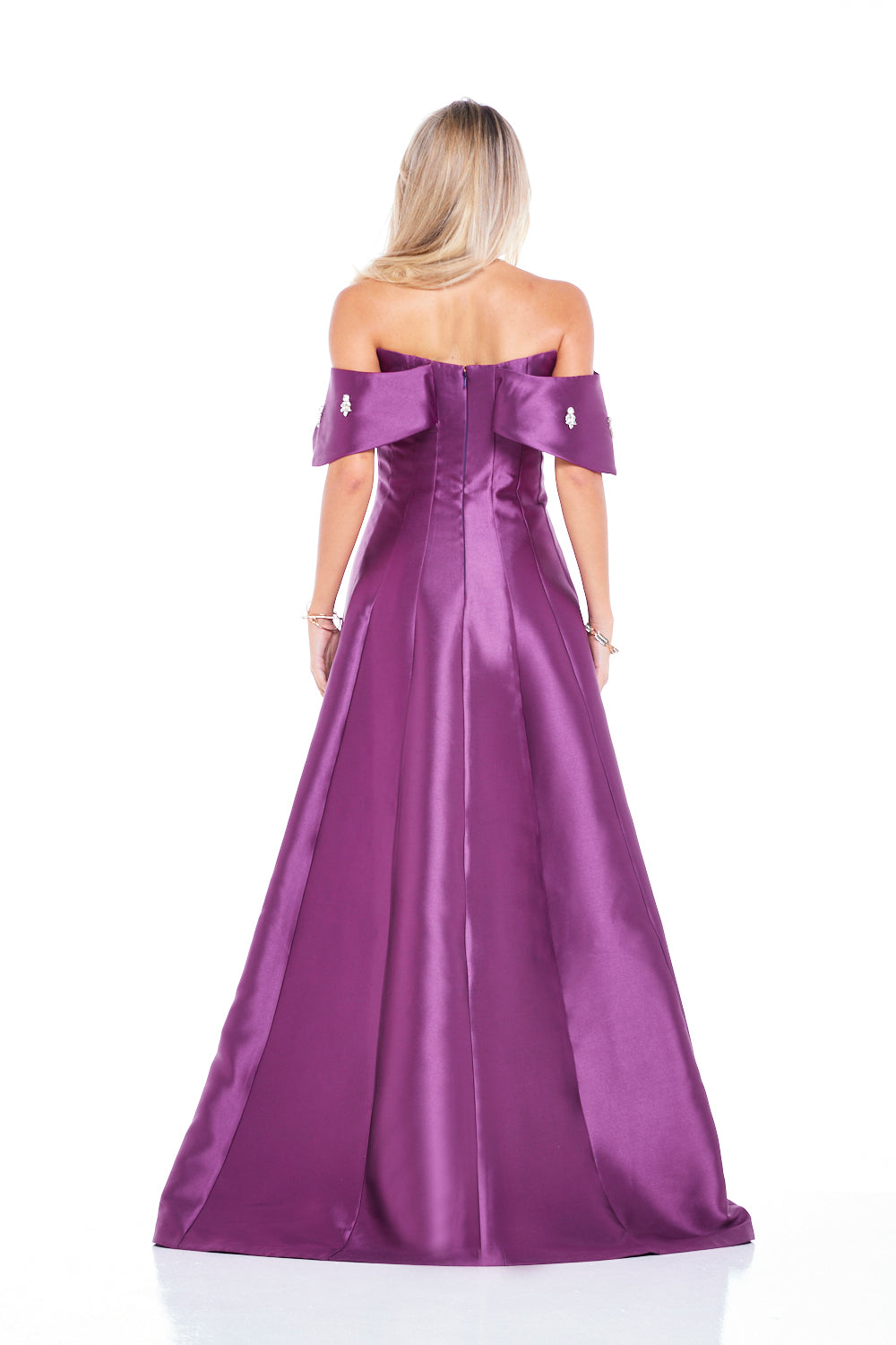Crystal-Embellished A-Line Gown with Sculptural Sleeves