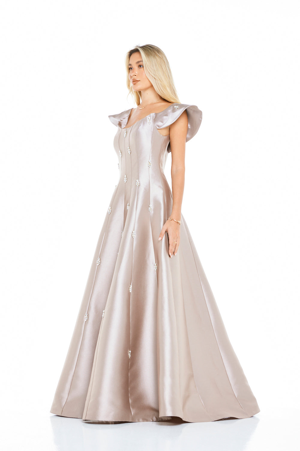 Crystal-Embellished A-Line Gown with Sculptural Sleeves