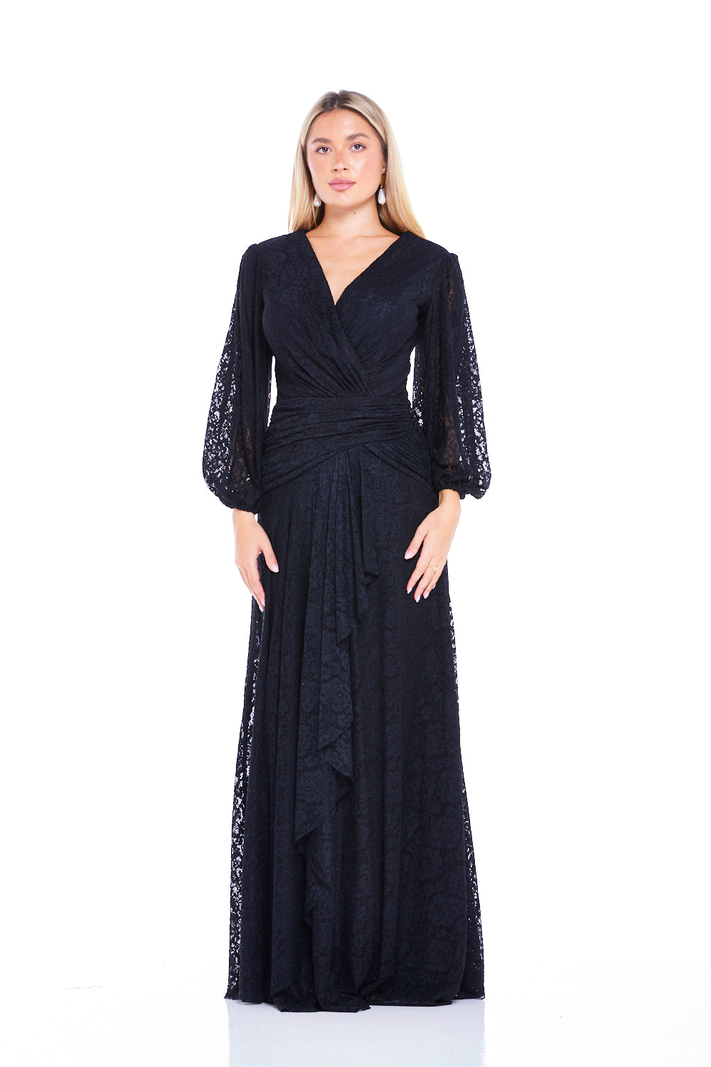 Lace Wrap Gown with Draped Waist