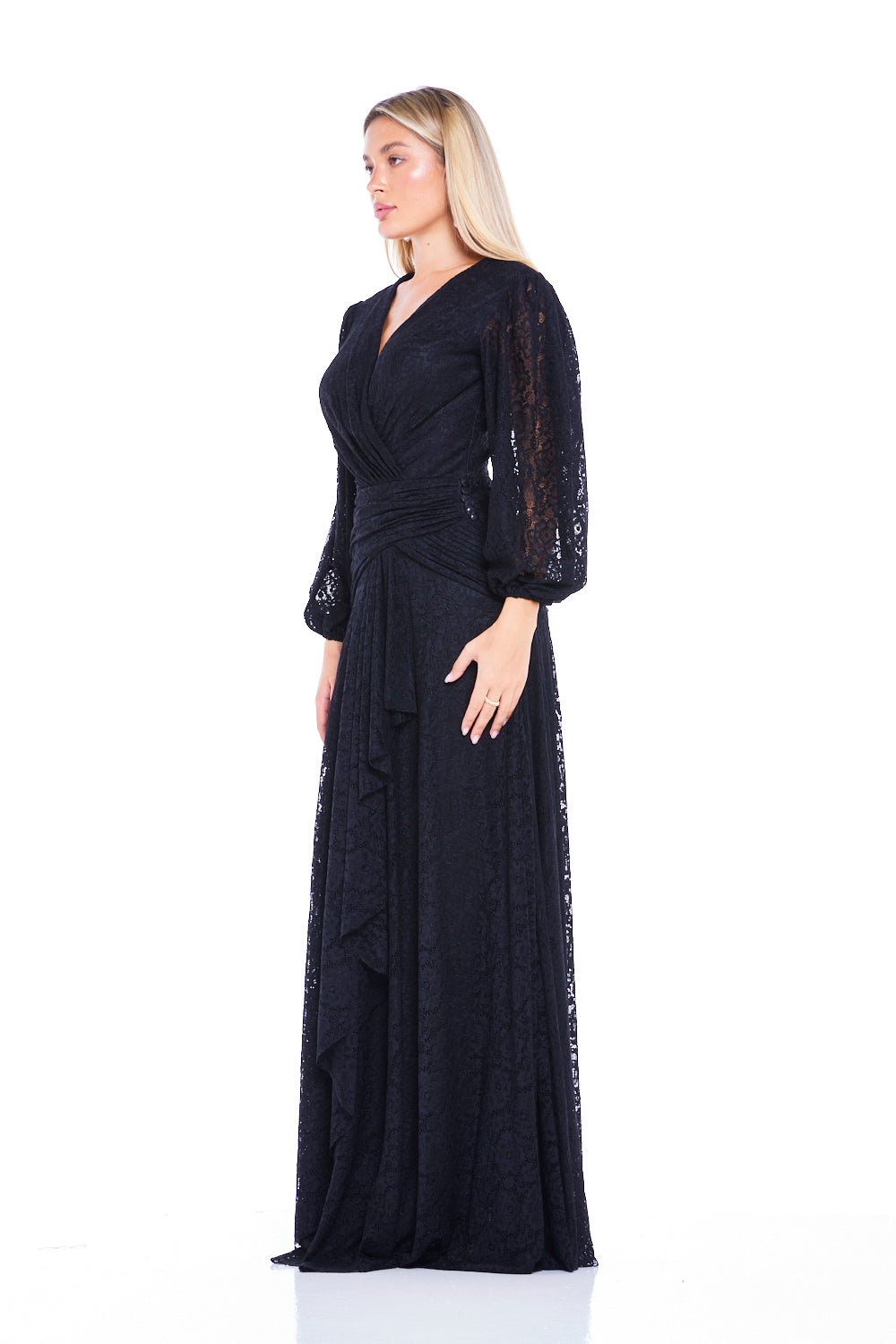 Lace Wrap Gown with Draped Waist