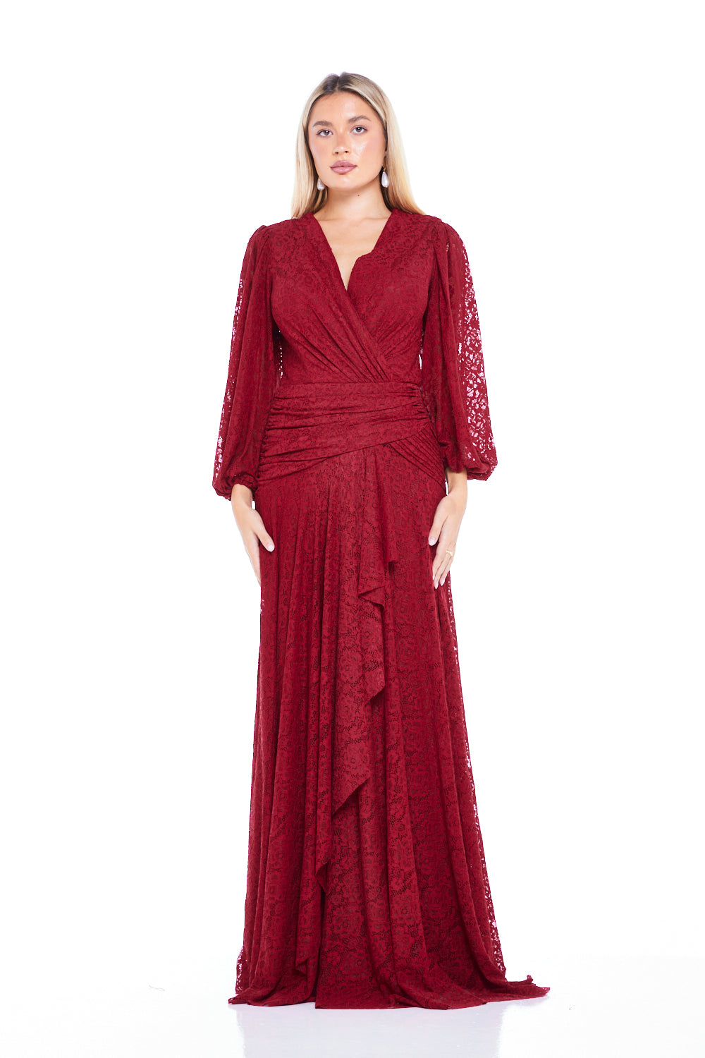 Lace Wrap Gown with Draped Waist