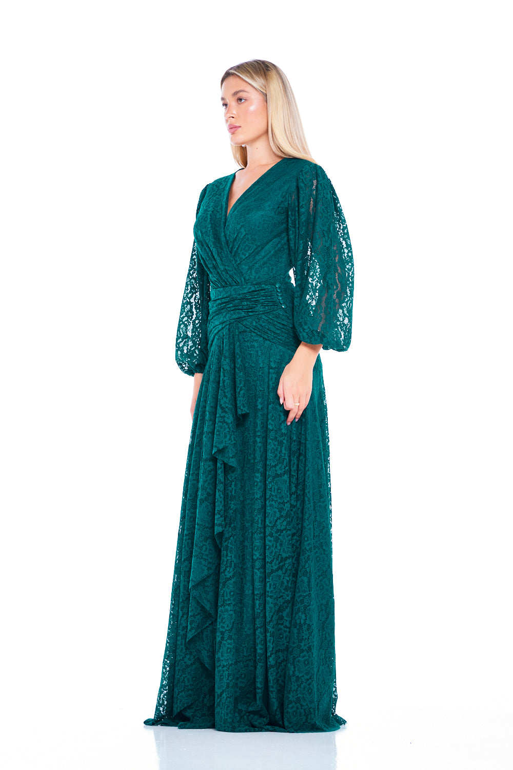 Lace Wrap Gown with Draped Waist