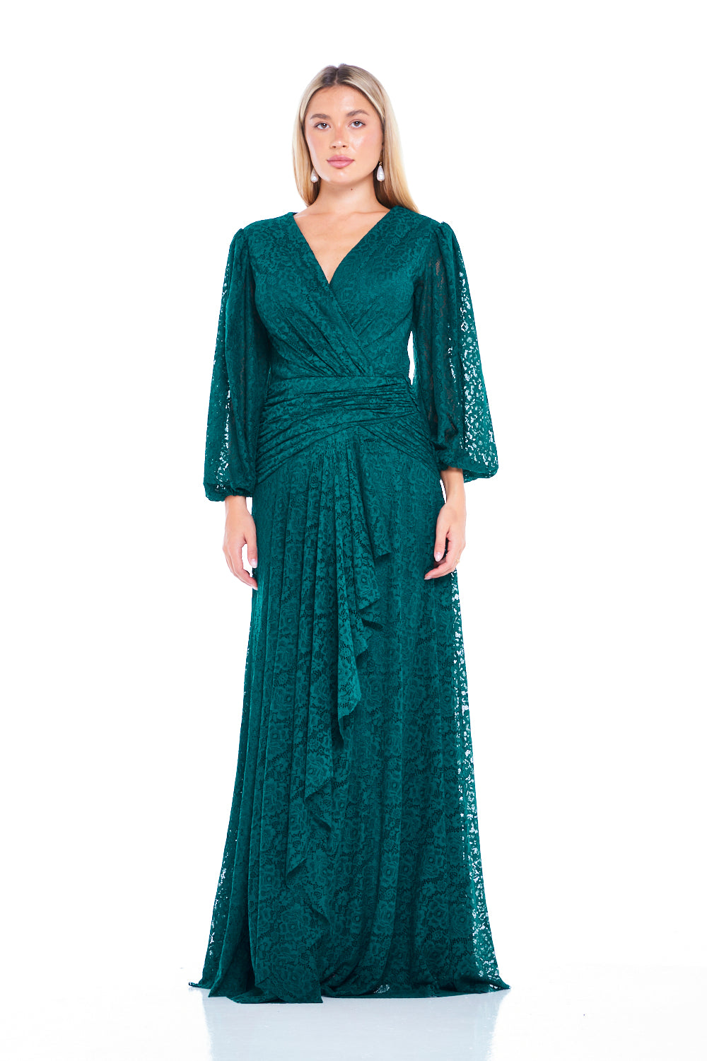 Lace Wrap Gown with Draped Waist