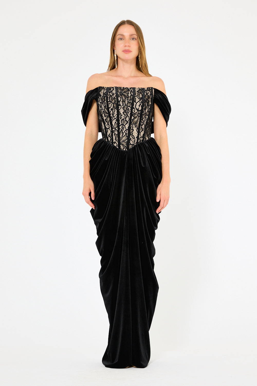 Off-Shoulder Lace Panel Sculpted Hip Draping Dress