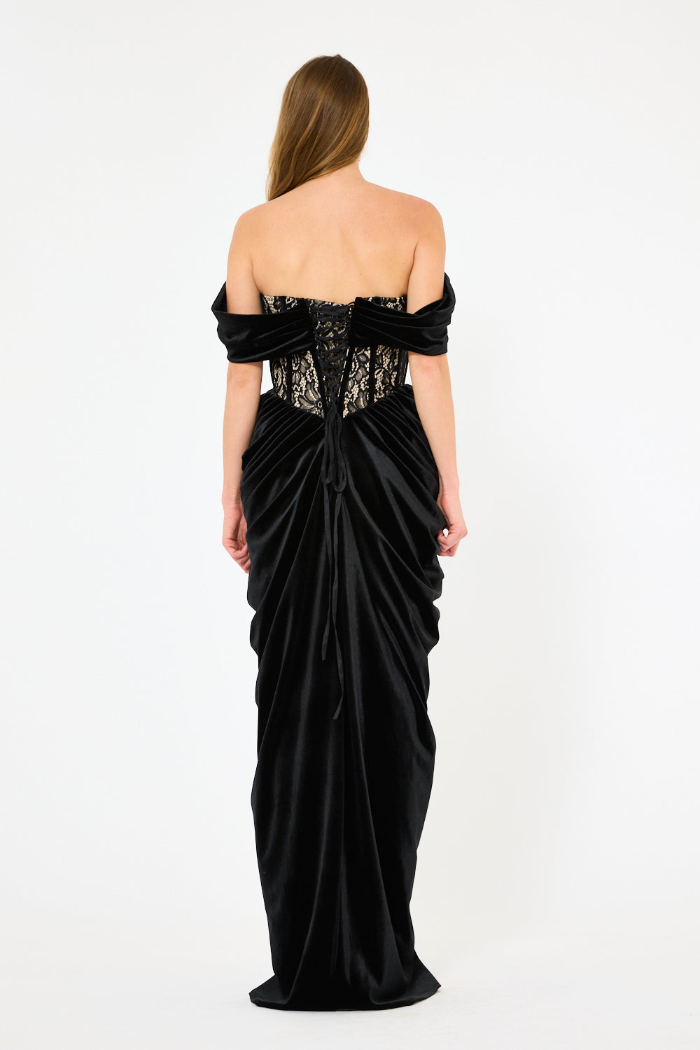 Off-Shoulder Lace Panel Sculpted Hip Draping Dress