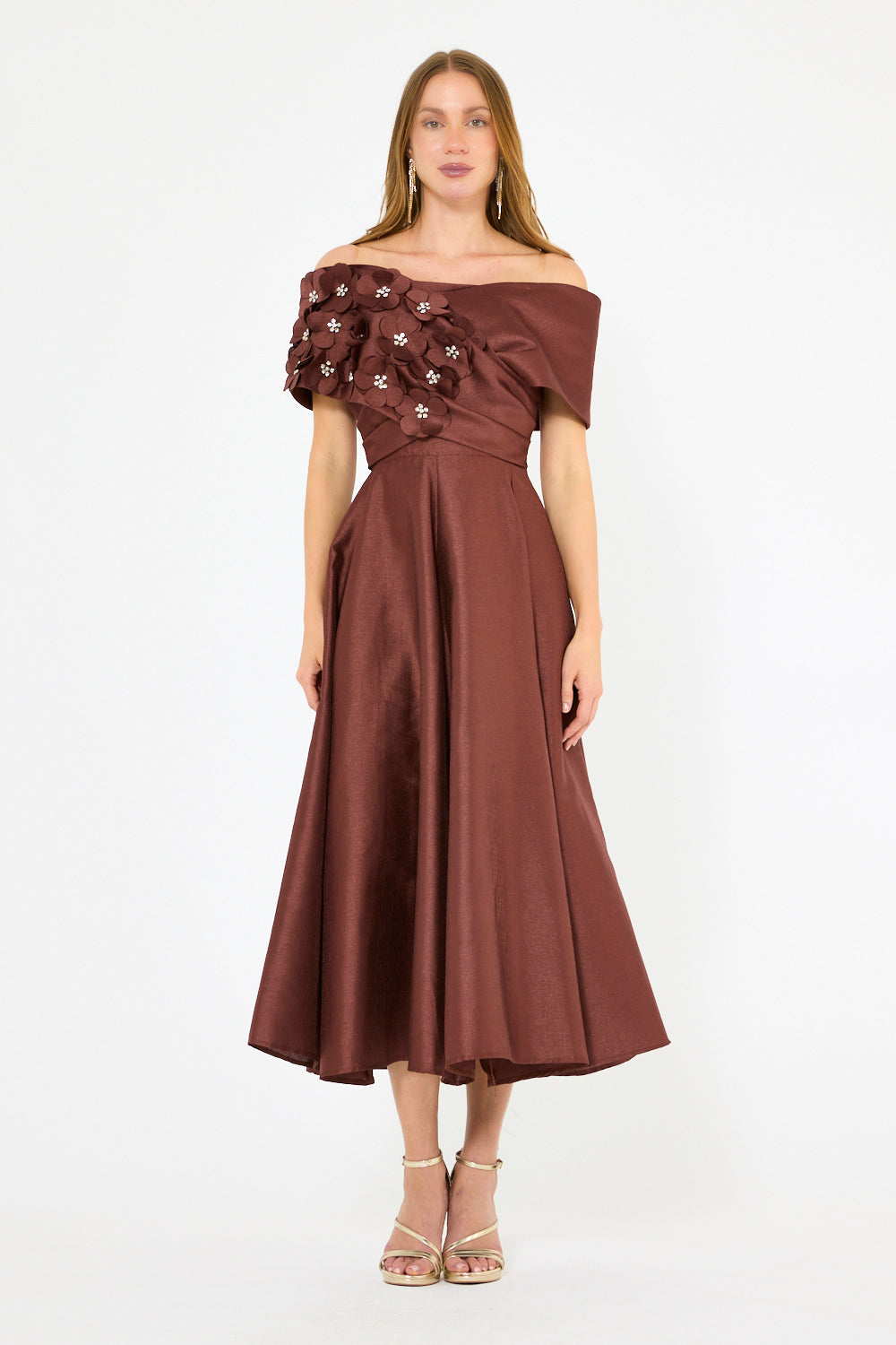 3D Shoulder Bloom Structured Midi Dress