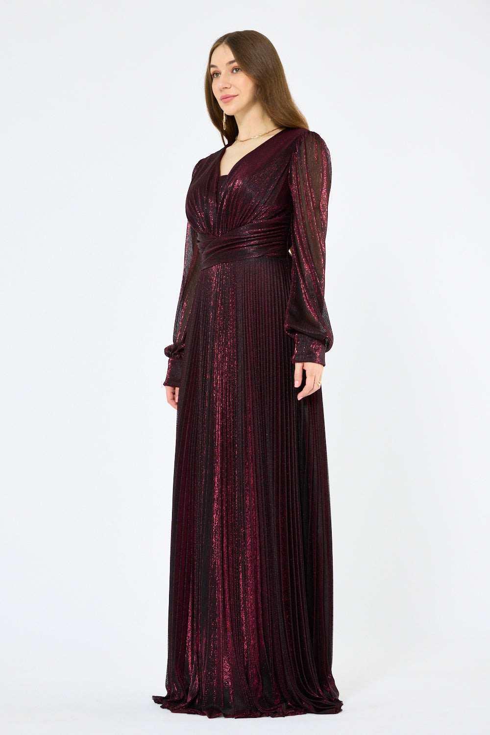 Twist Wrap Waist Pleated Metallic Gown