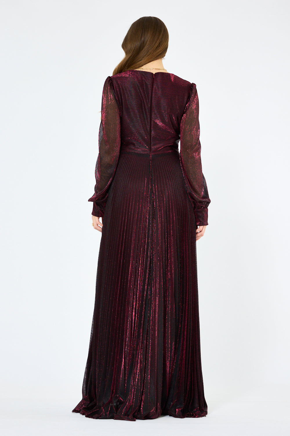 Twist Wrap Waist Pleated Metallic Gown