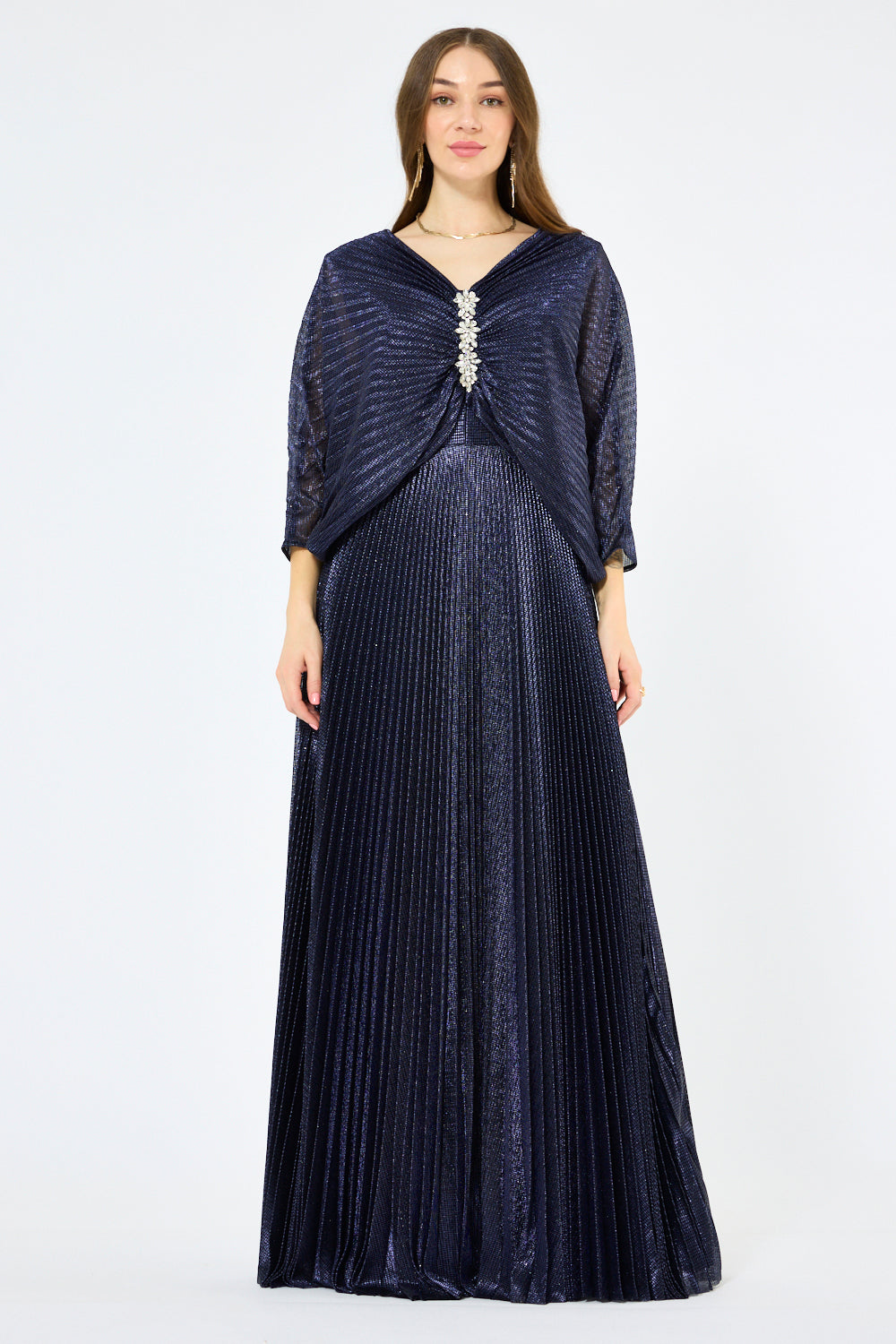 Crystal Clasp Draped Overlay Pleated Gown