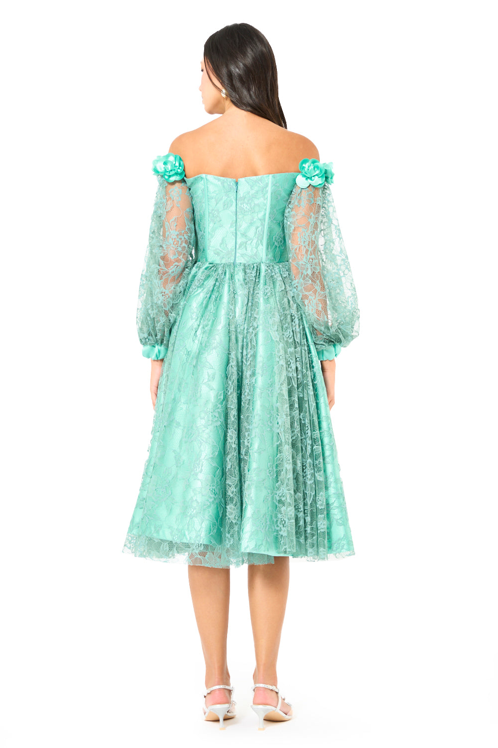 <tc>فستان ميدي بكورسيه ودانتيل مزهر</tc>