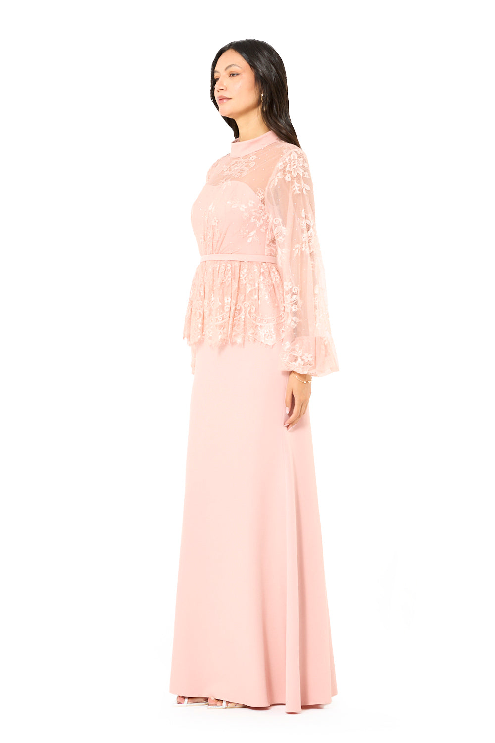Lace Veil Peplum Gown