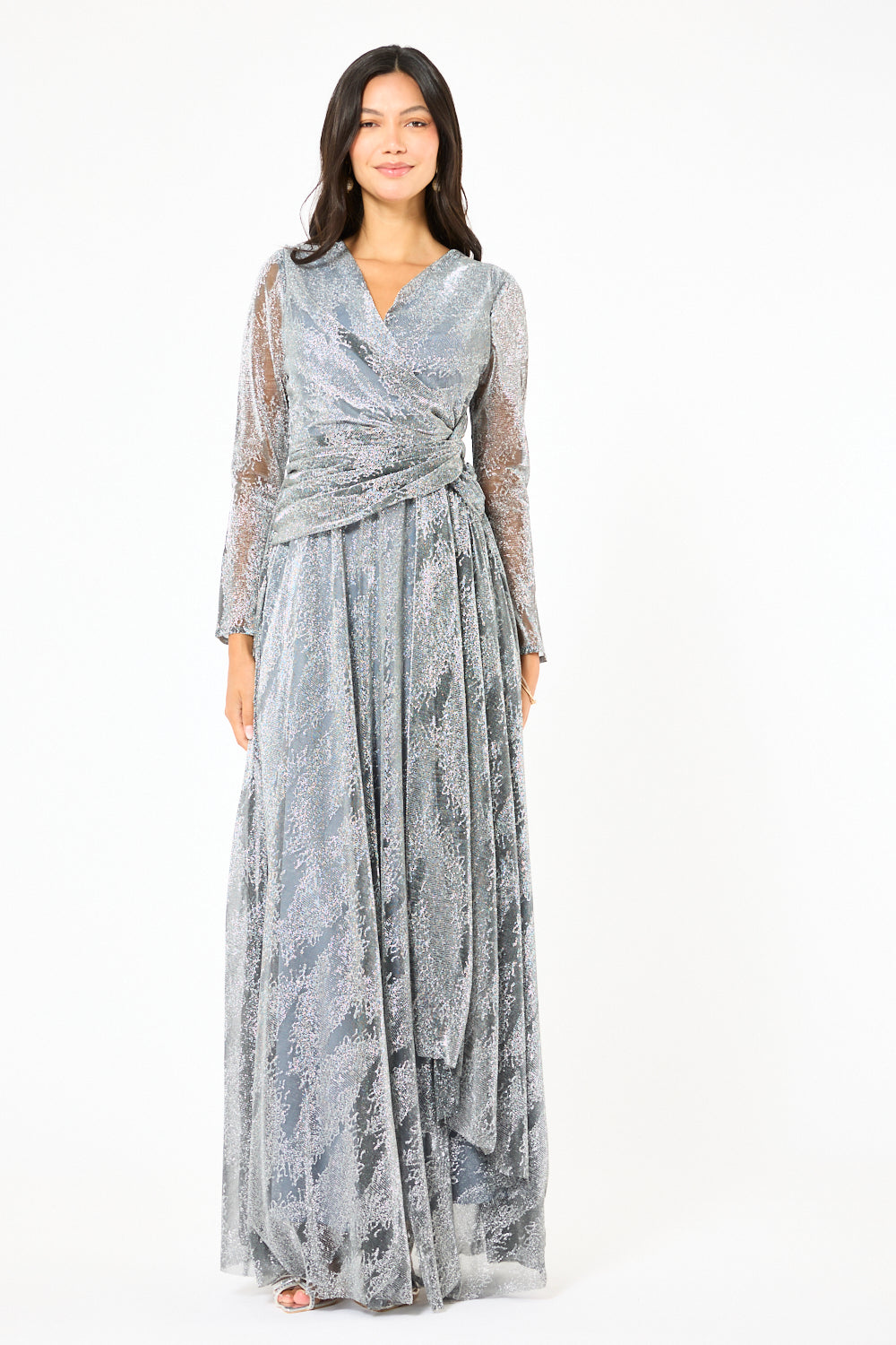 Metallic Wrap Drape Layered Gown