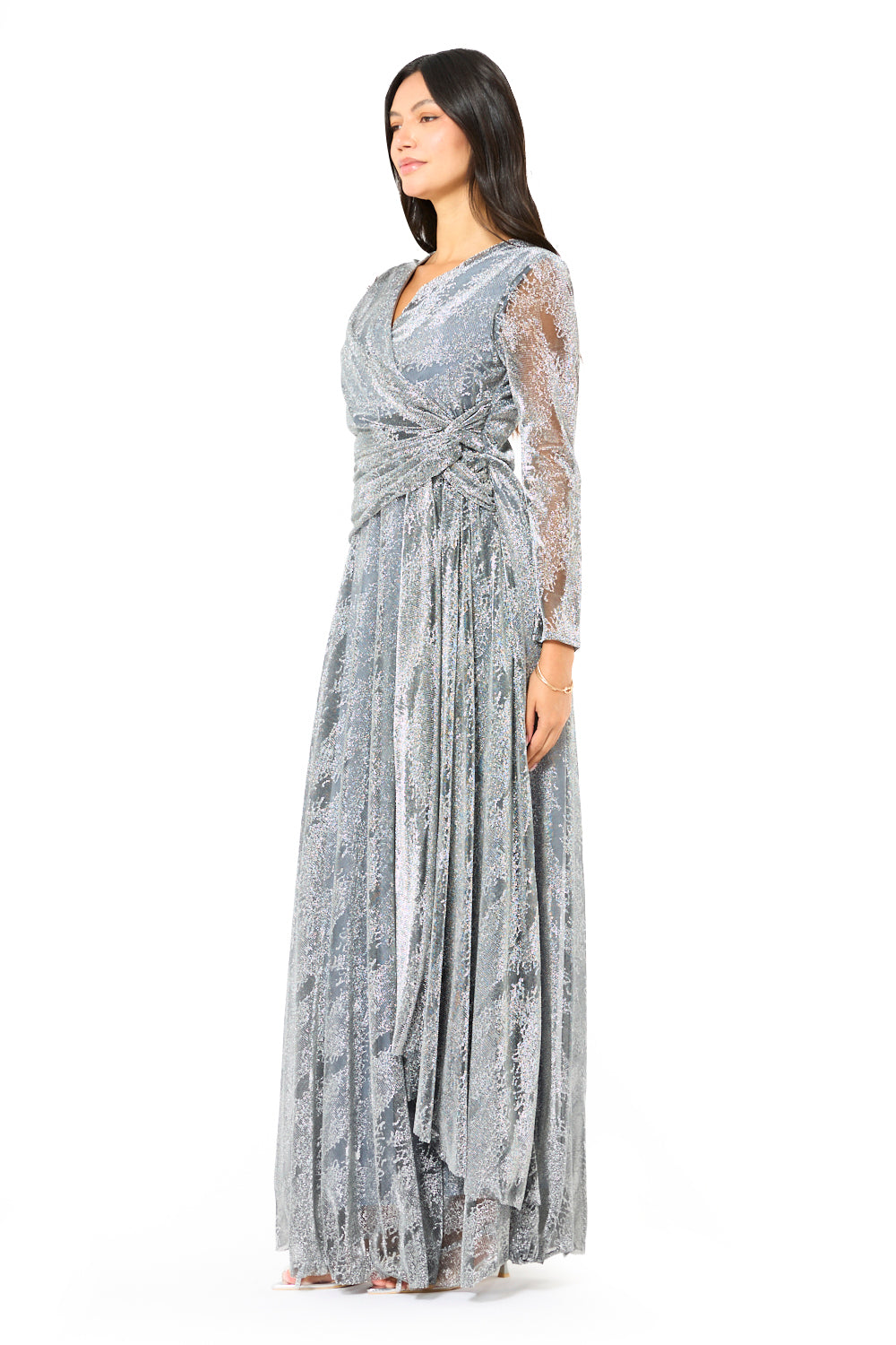 Metallic Wrap Drape Layered Gown