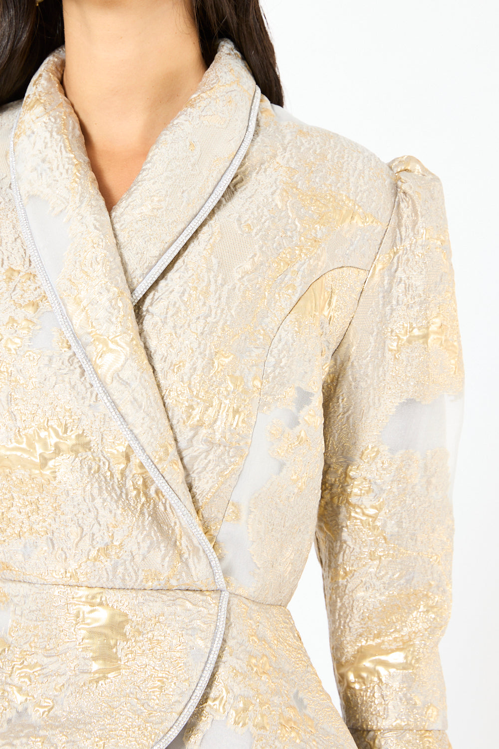 Brocade Peplum Pleated Gown