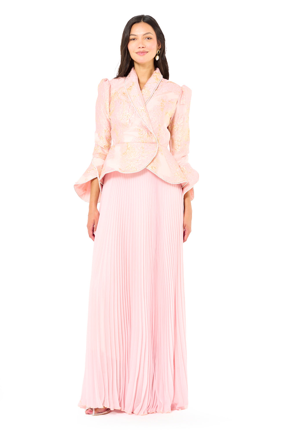 Brocade Peplum Pleated Gown