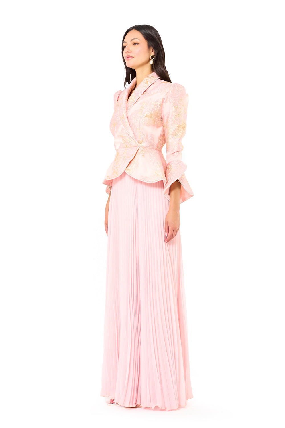 Brocade Peplum Pleated Gown