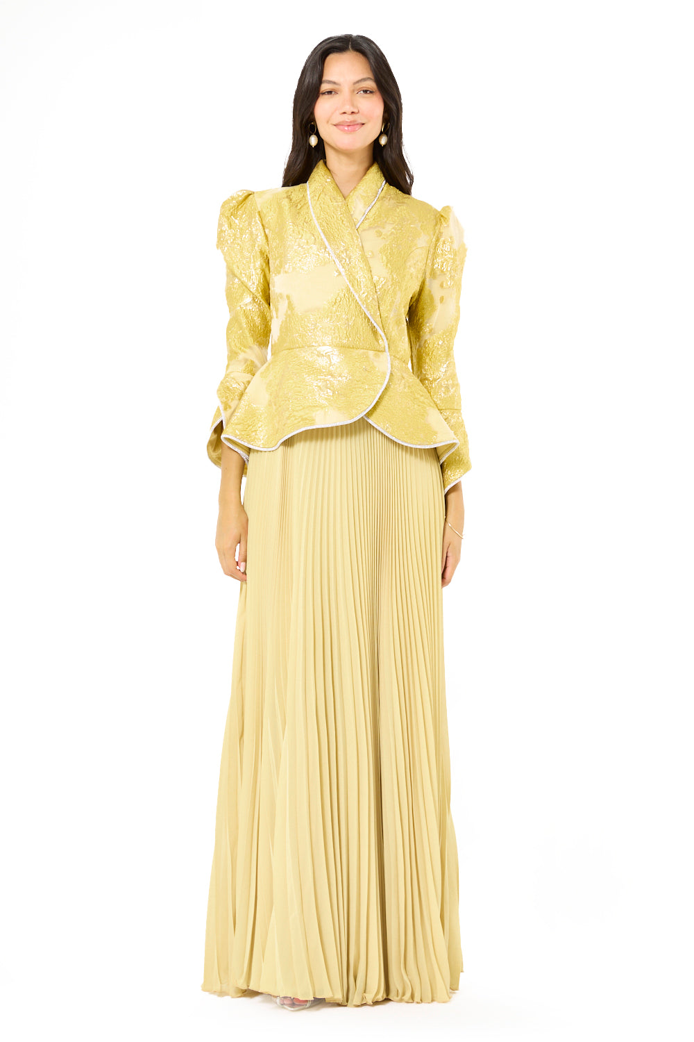 Brocade Peplum Pleated Gown