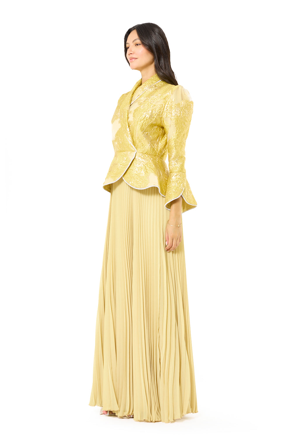 Brocade Peplum Pleated Gown
