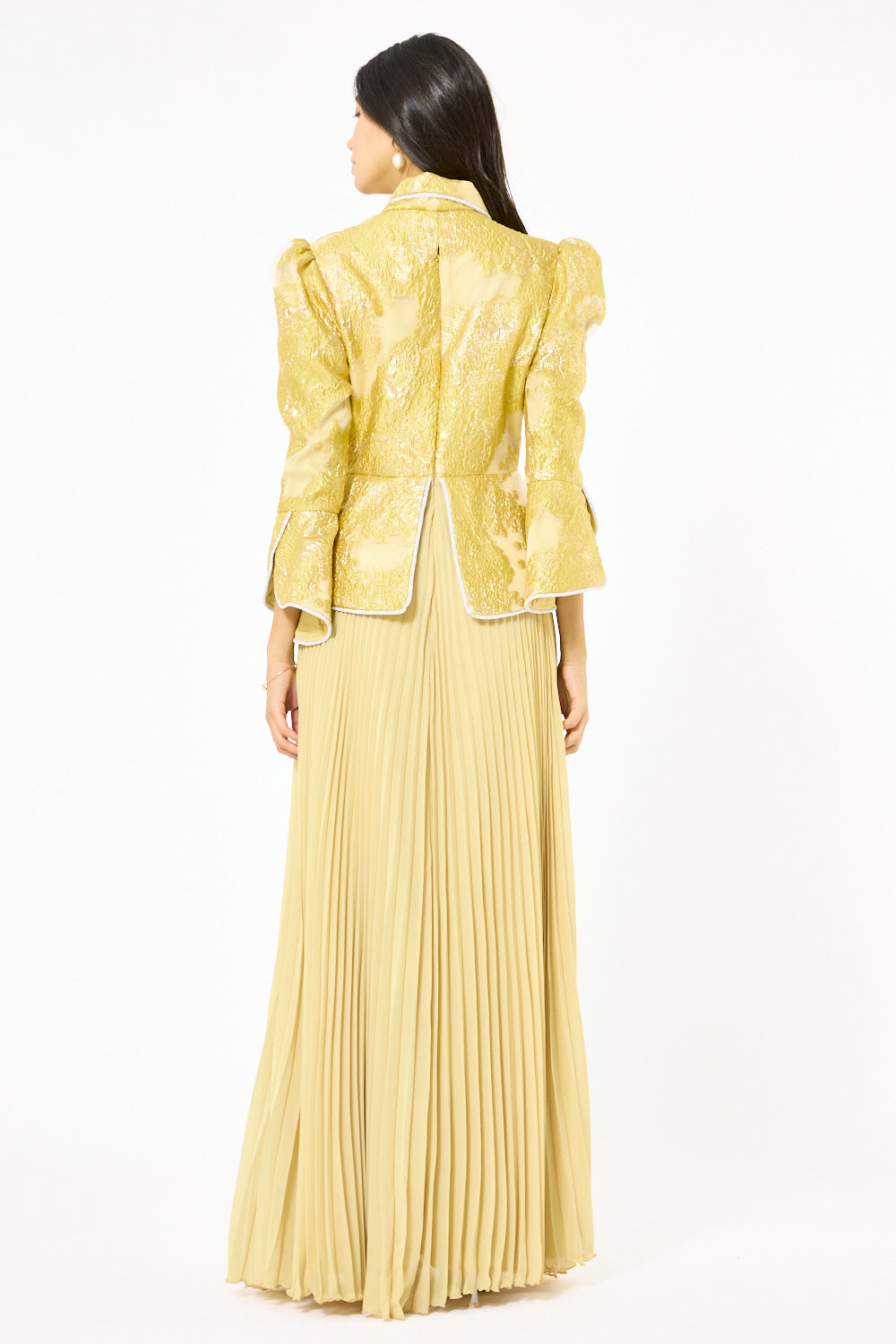 Brocade Peplum Pleated Gown