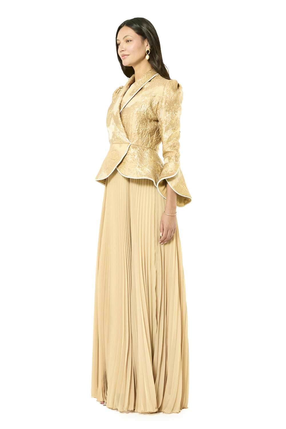 Brocade Peplum Pleated Gown