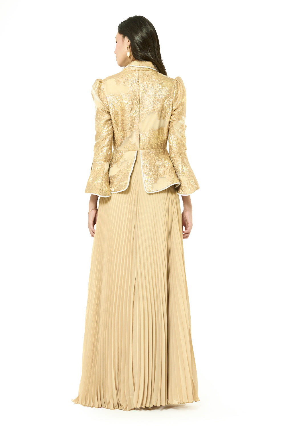 Brocade Peplum Pleated Gown