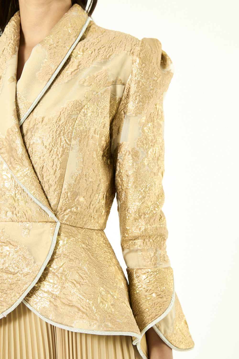 Brocade Peplum Pleated Gown