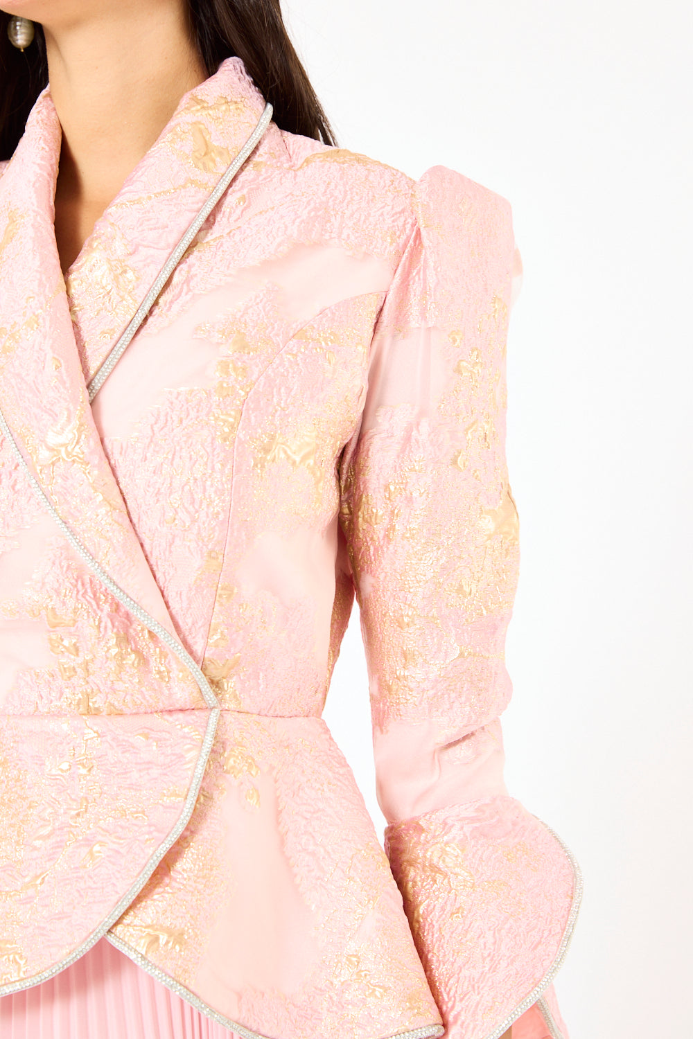 Brocade Peplum Pleated Gown