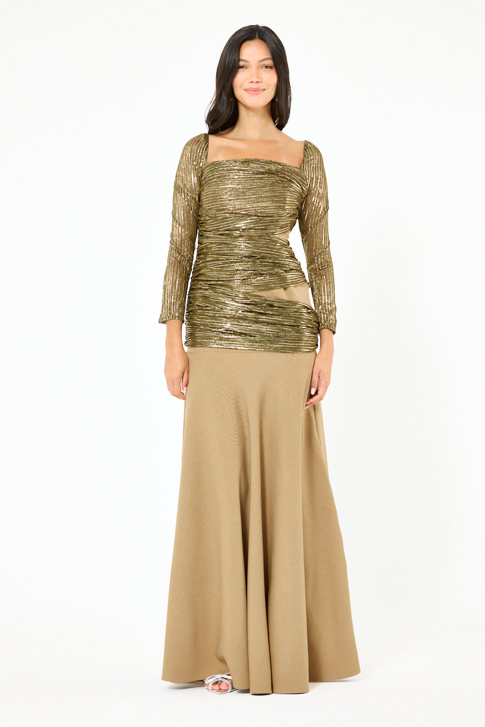 Ruched Metallic Overlay Mermaid Gown
