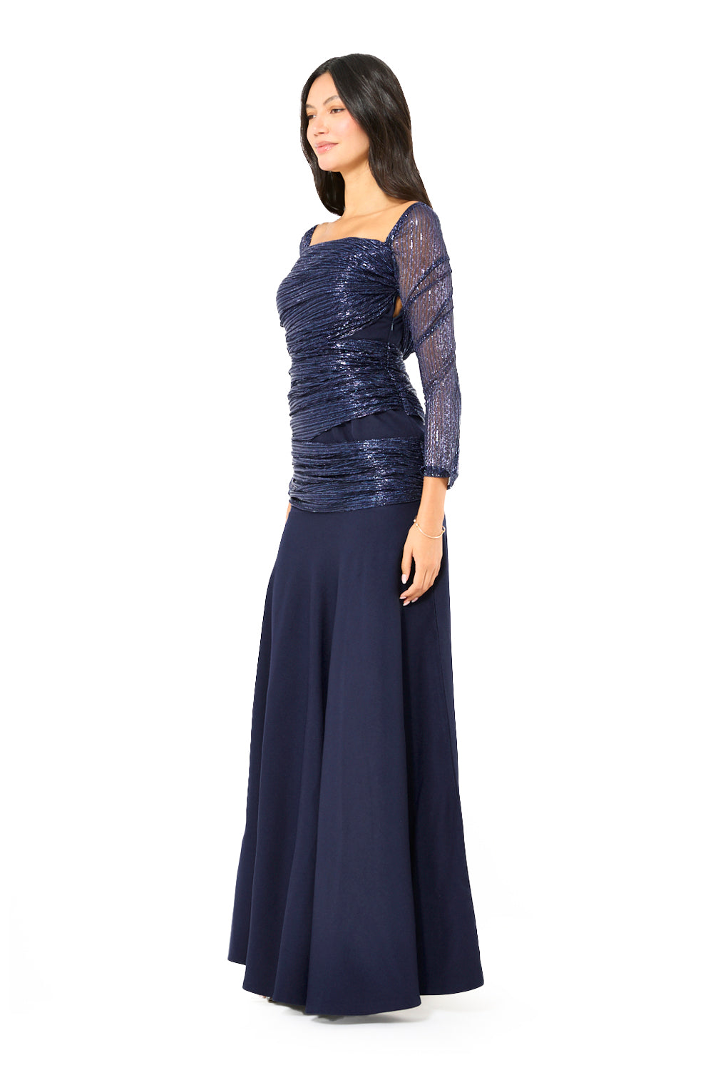 Ruched Metallic Overlay Mermaid Gown