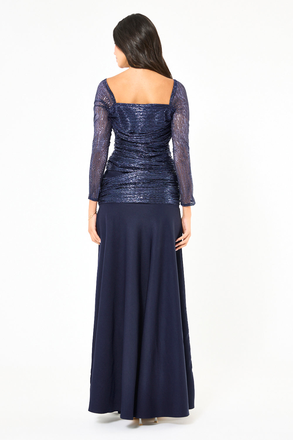 Ruched Metallic Overlay Mermaid Gown