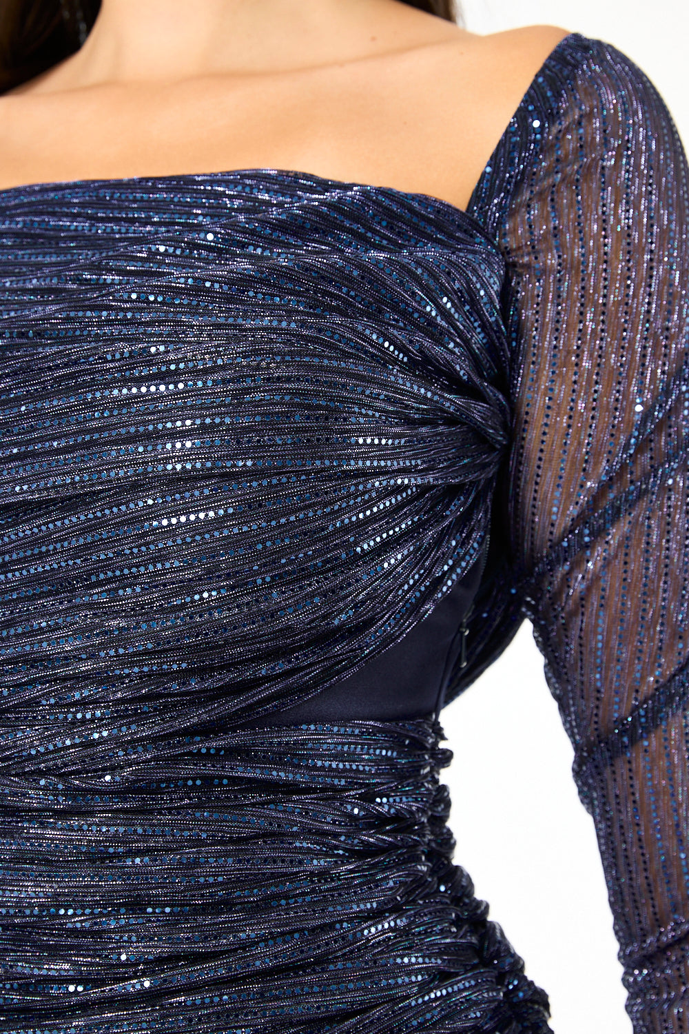 Ruched Metallic Overlay Mermaid Gown
