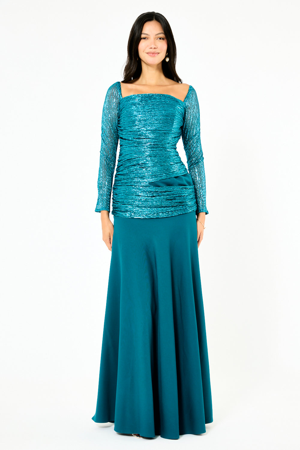 Ruched Metallic Overlay Mermaid Gown