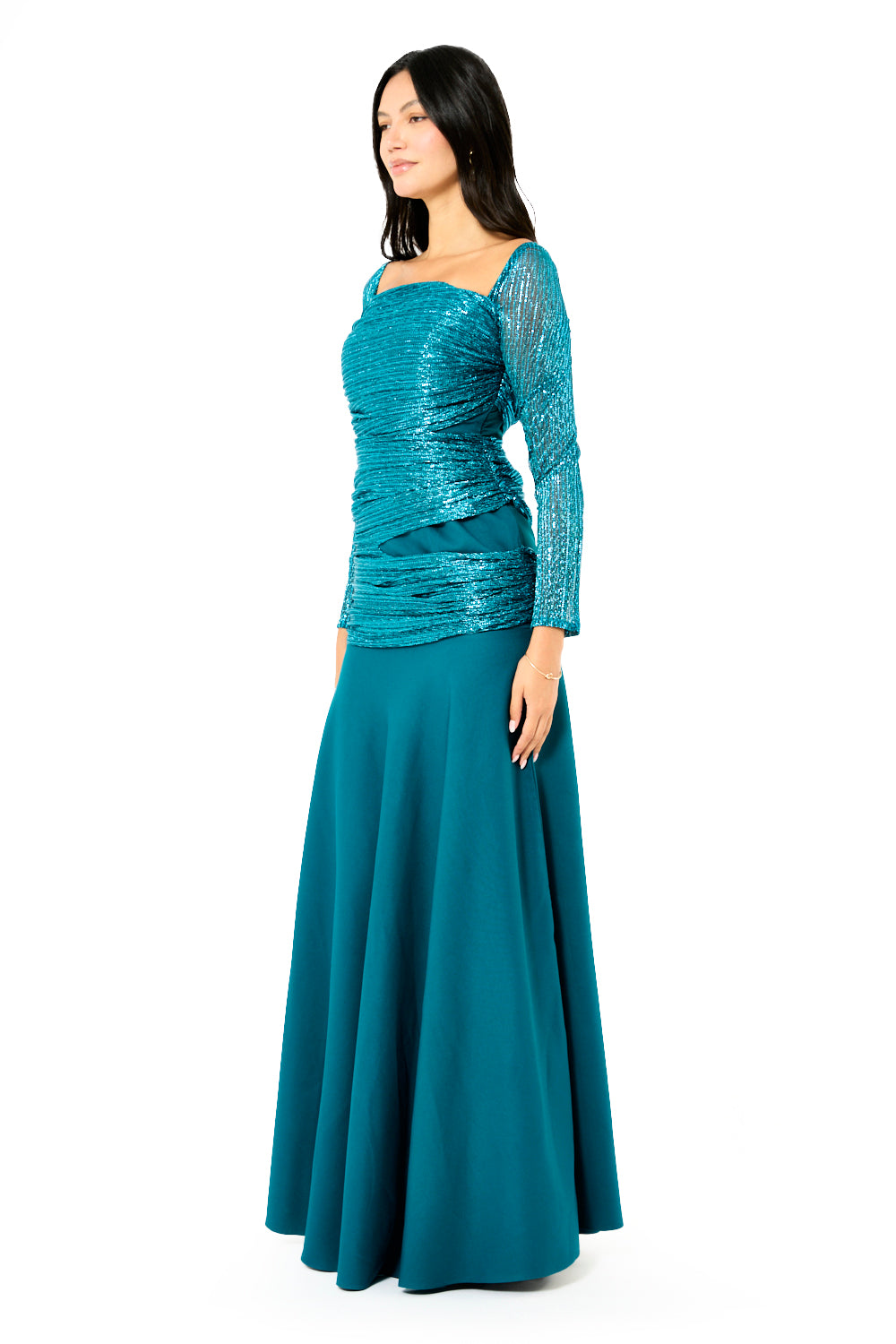 Ruched Metallic Overlay Mermaid Gown