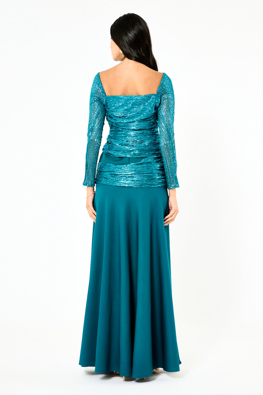 Ruched Metallic Overlay Mermaid Gown