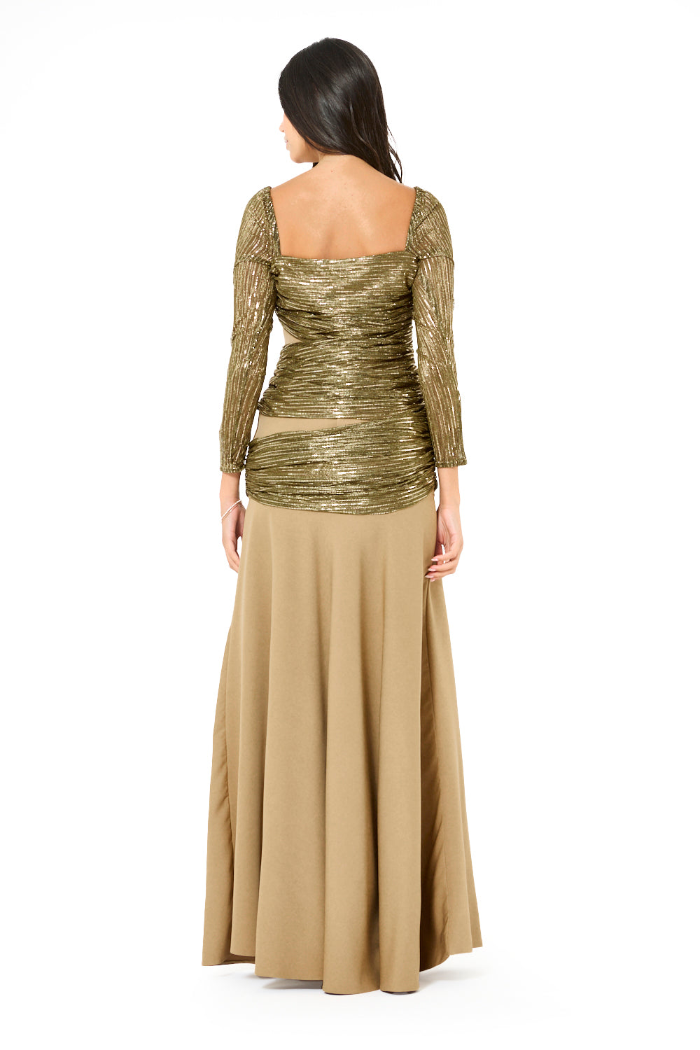 Ruched Metallic Overlay Mermaid Gown
