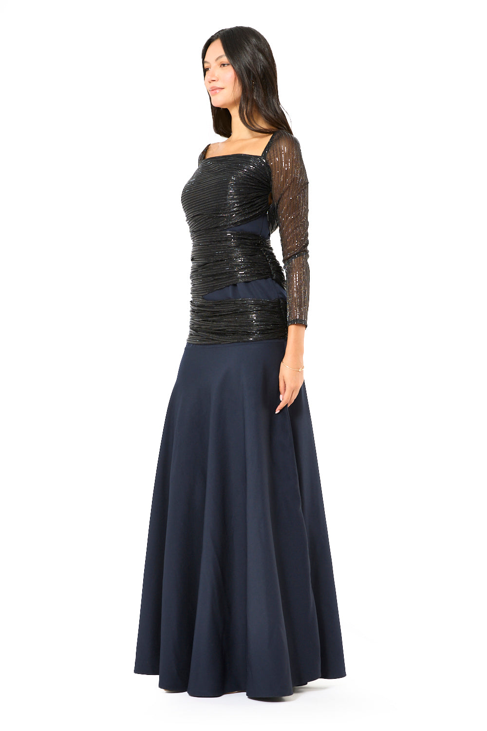 Ruched Metallic Overlay Mermaid Gown