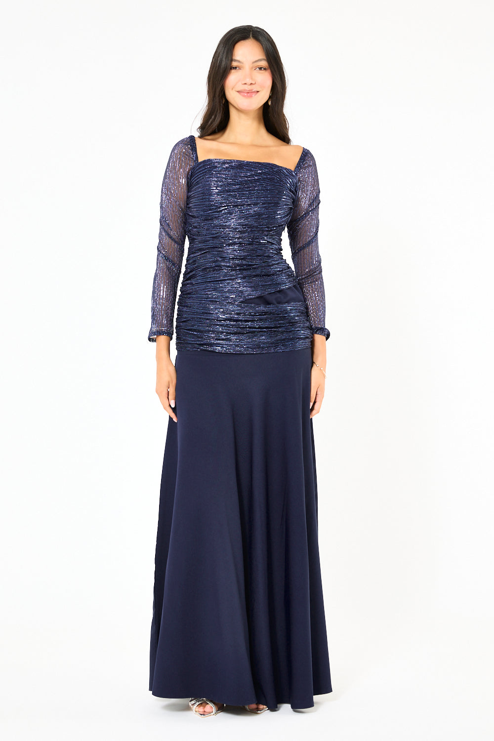 Ruched Metallic Overlay Mermaid Gown