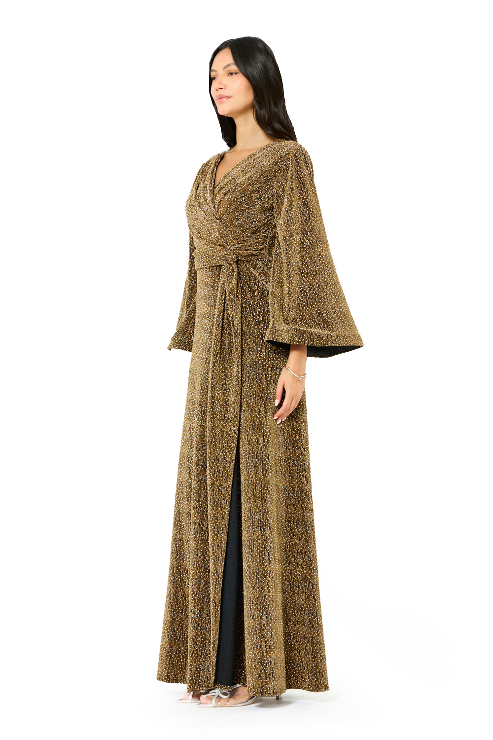 Shimmer Wrap Tie-Waist Evening Gown