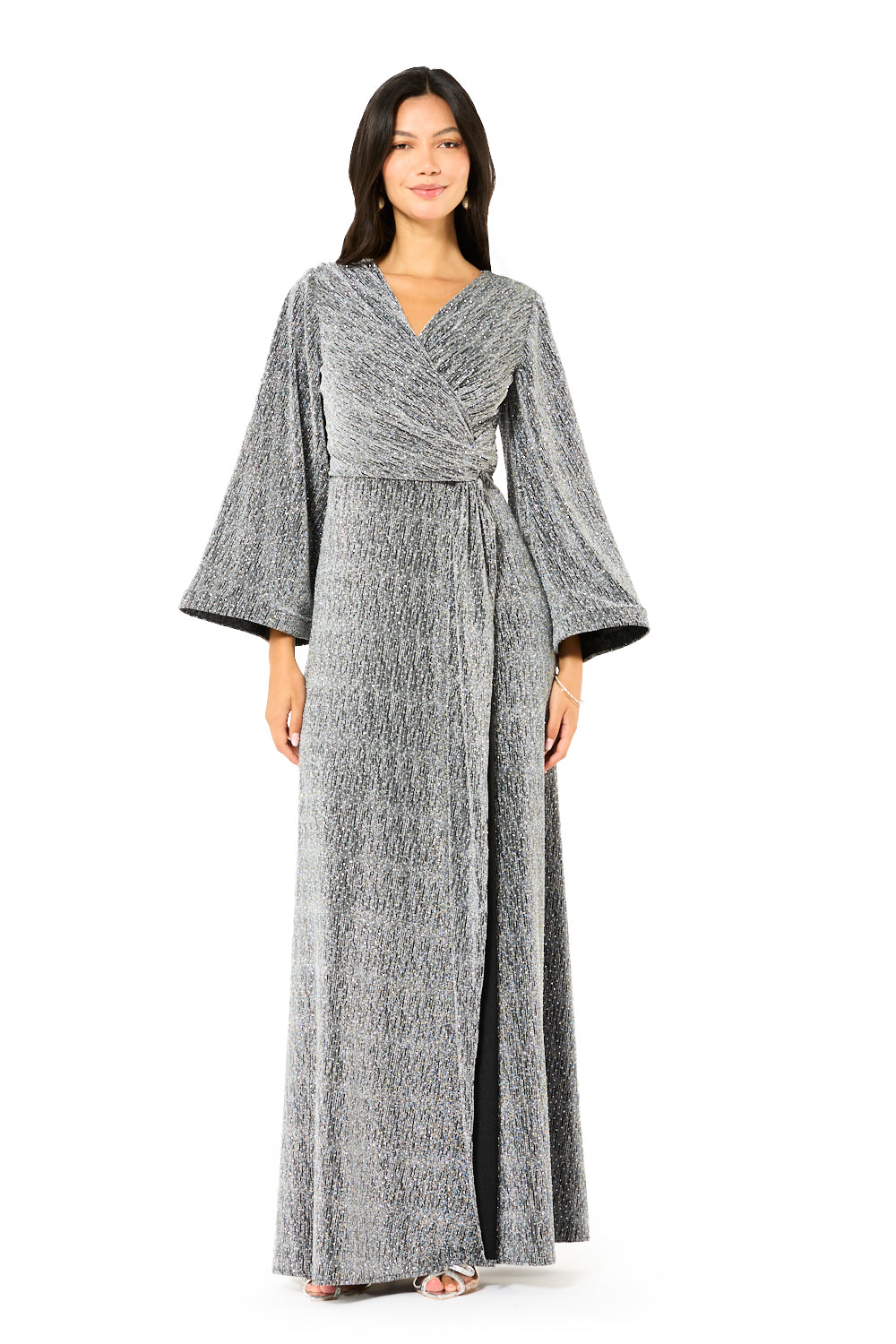 Shimmer Wrap Tie-Waist Evening Gown