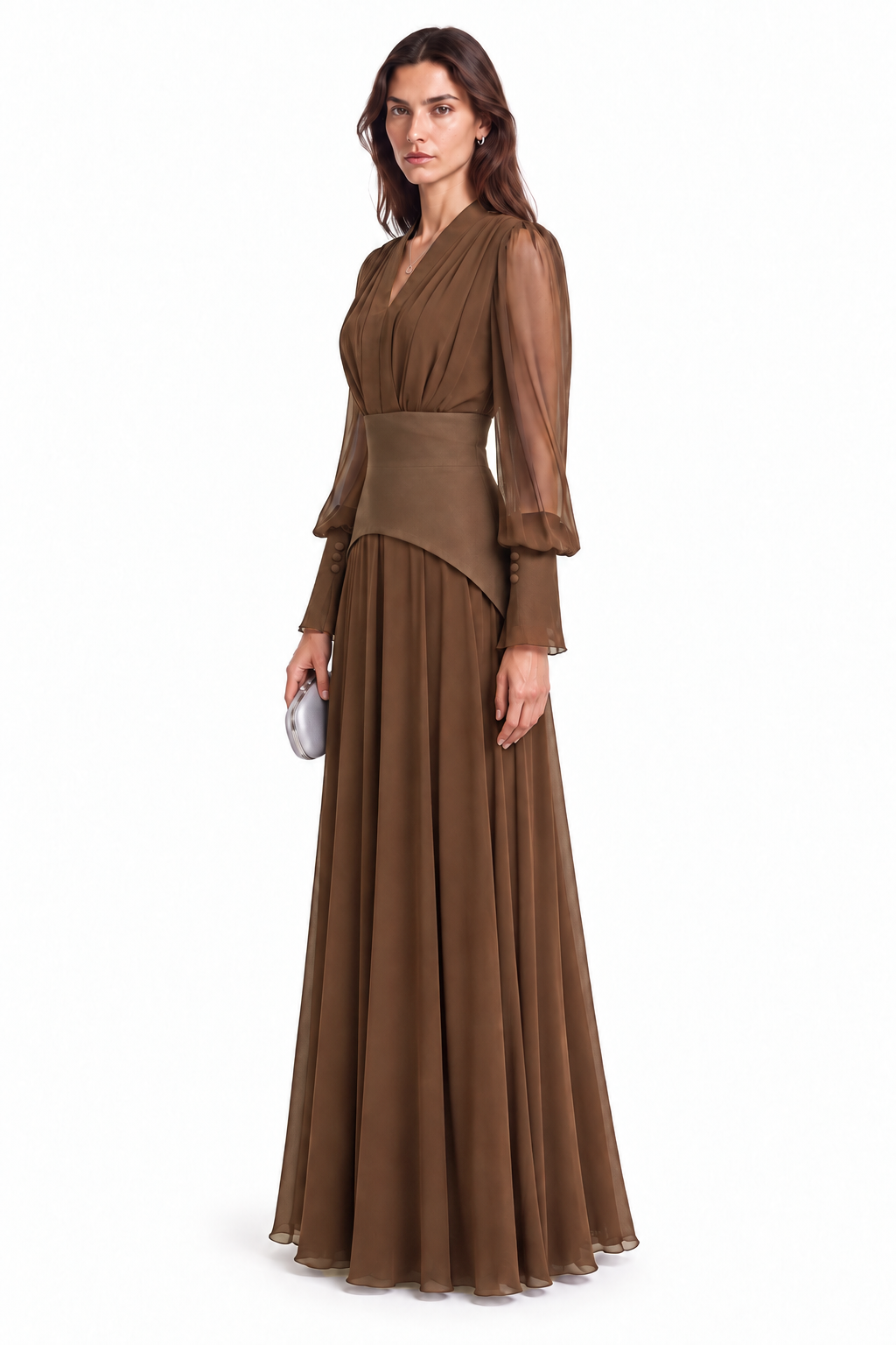 "Nesma" V-Neck Belted Chiffon Gown