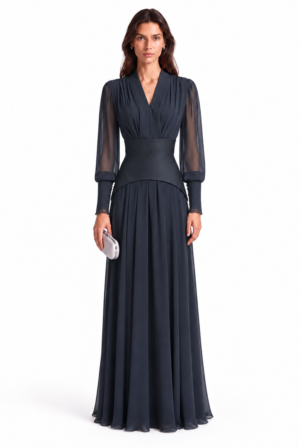 "Nesma" V-Neck Belted Chiffon Gown
