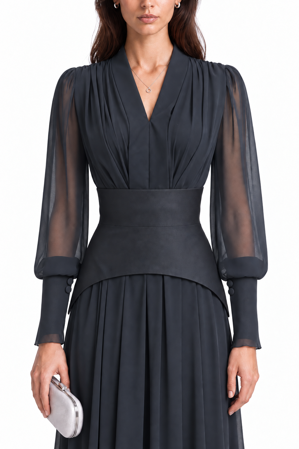 "Nesma" V-Neck Belted Chiffon Gown