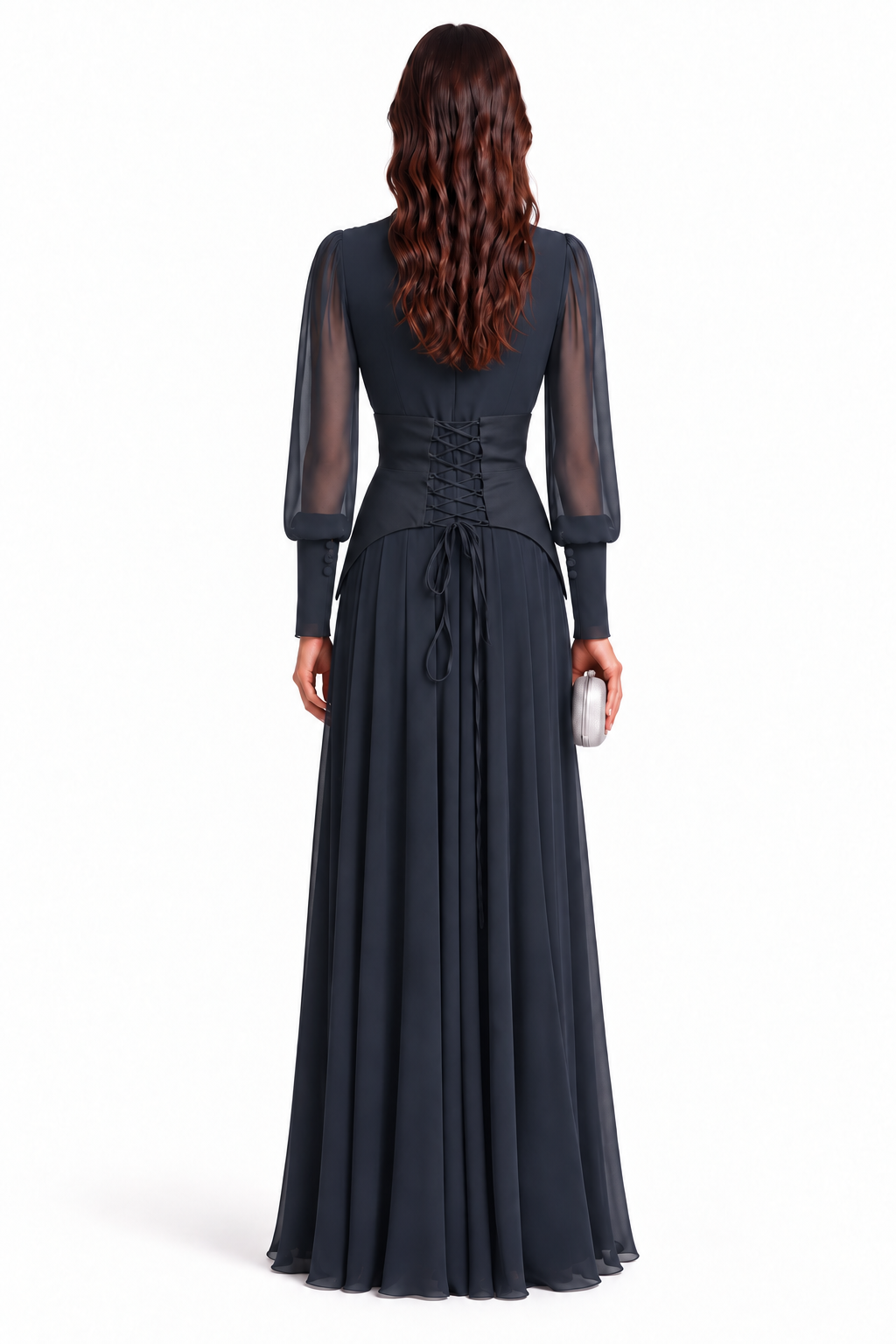 "Nesma" V-Neck Belted Chiffon Gown