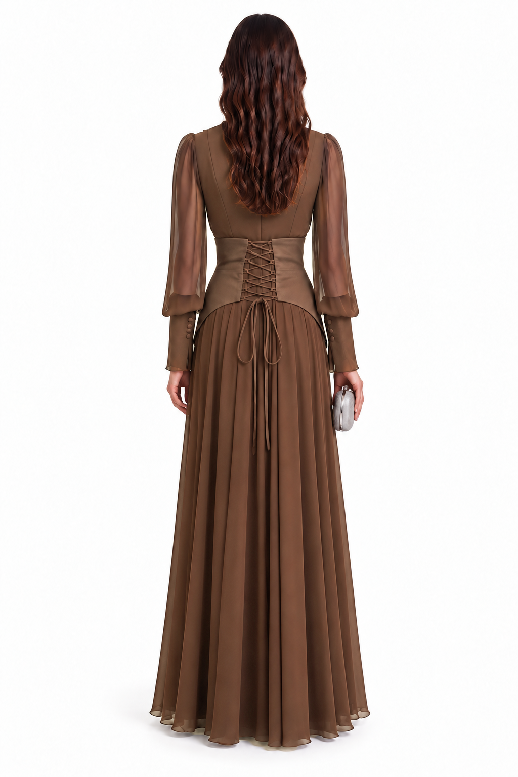 "Nesma" V-Neck Belted Chiffon Gown