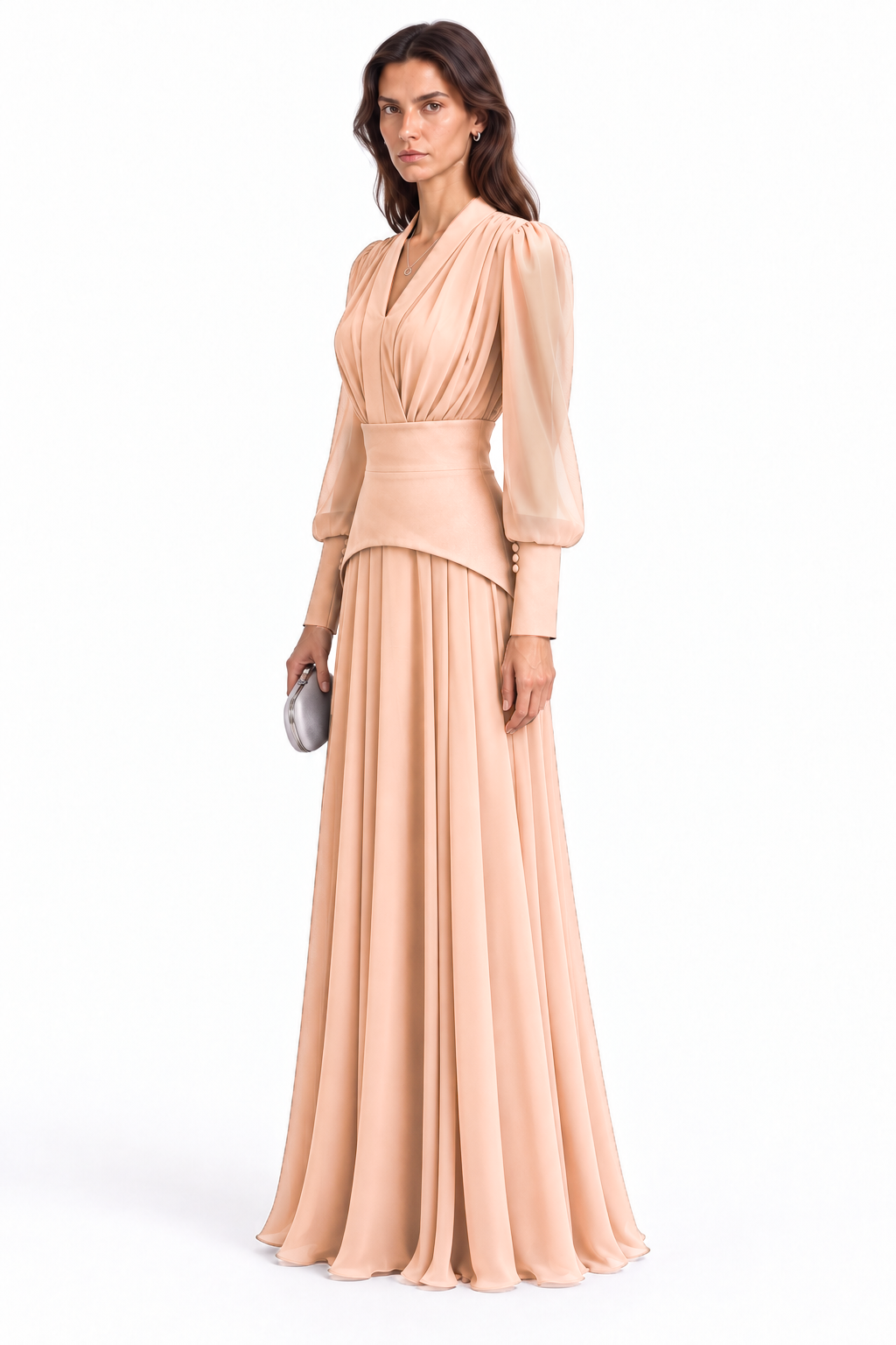 "Nesma" V-Neck Belted Chiffon Gown