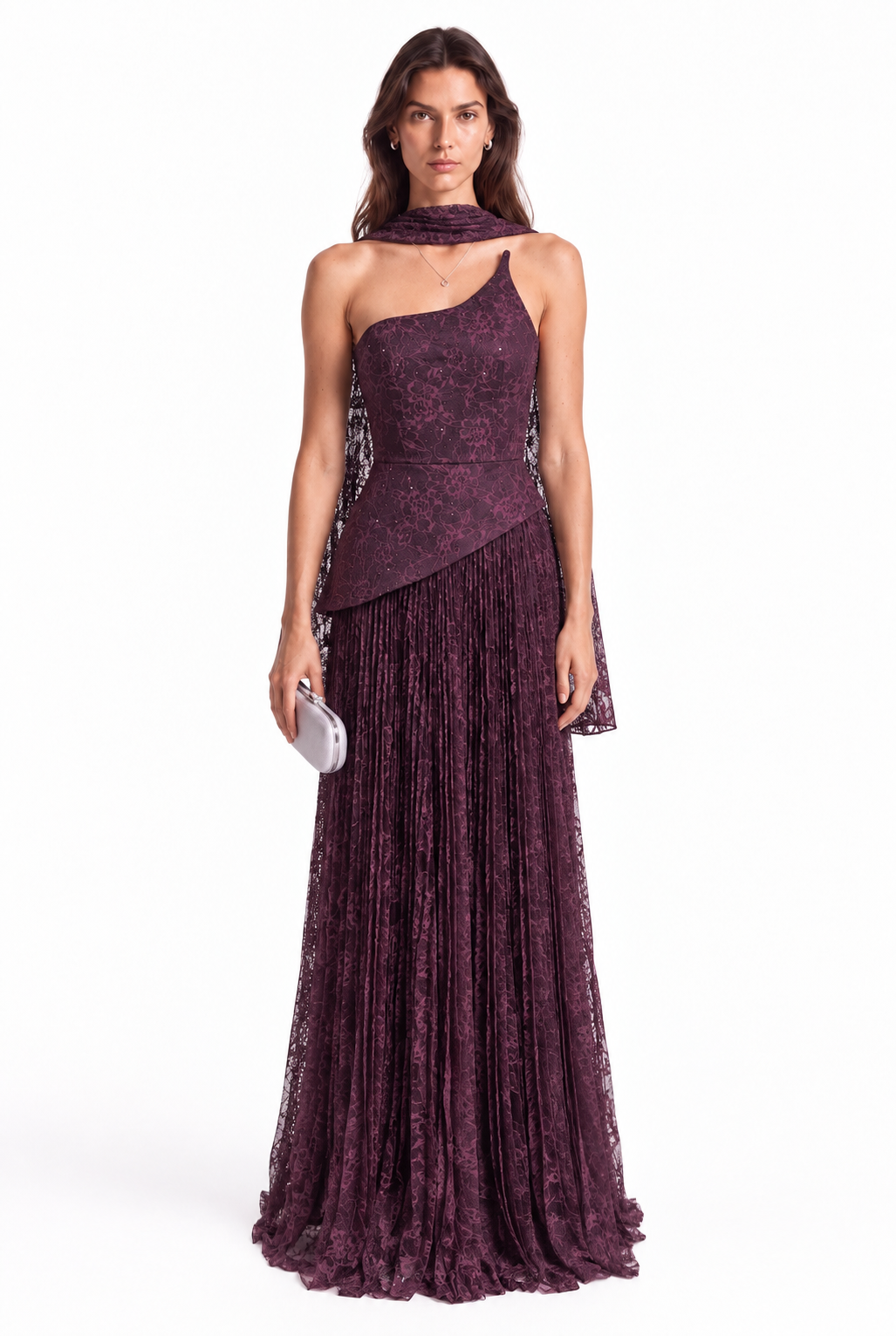 "Elara" Asymmetric Pleated Lace Gown