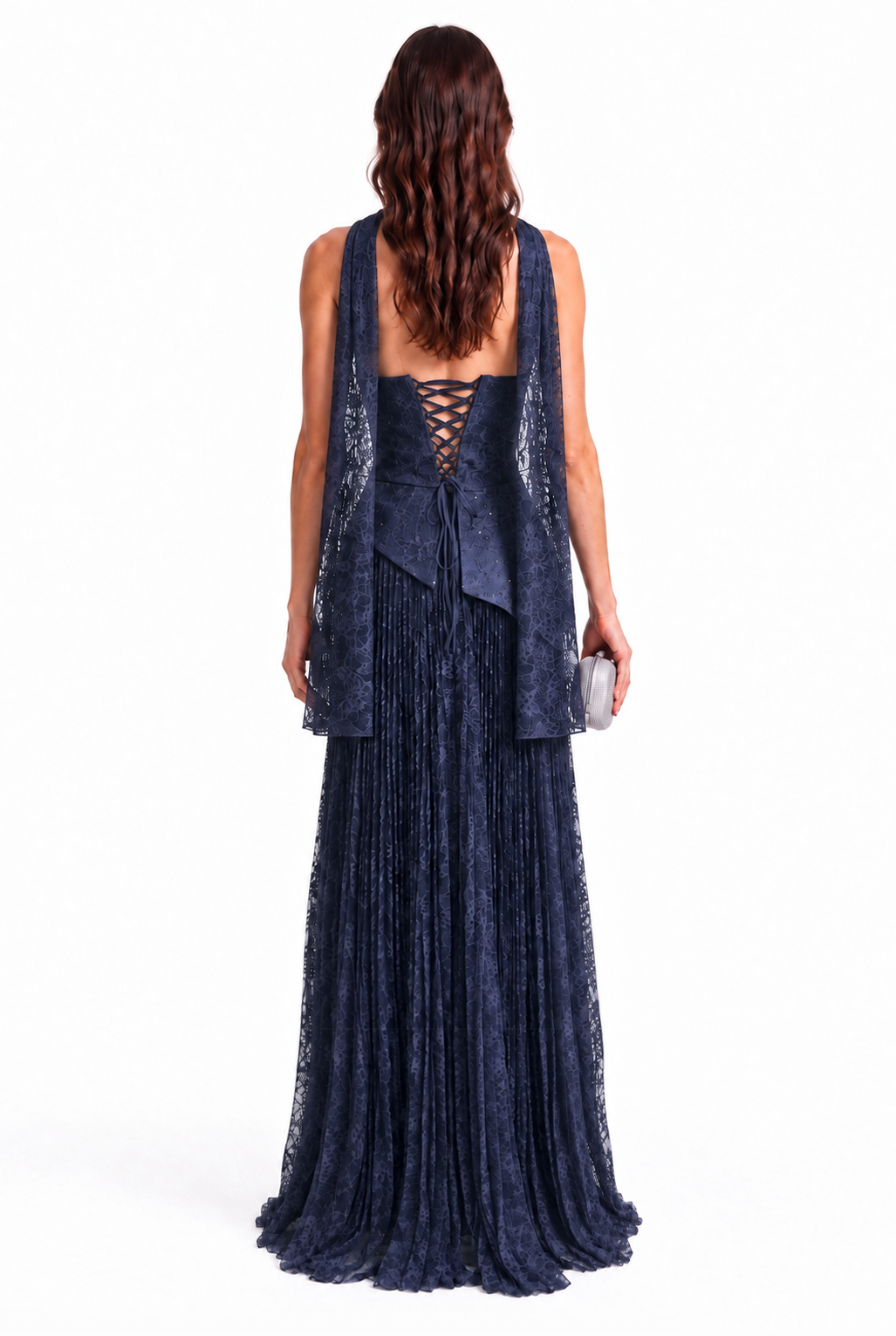 "Elara" Asymmetric Pleated Lace Gown