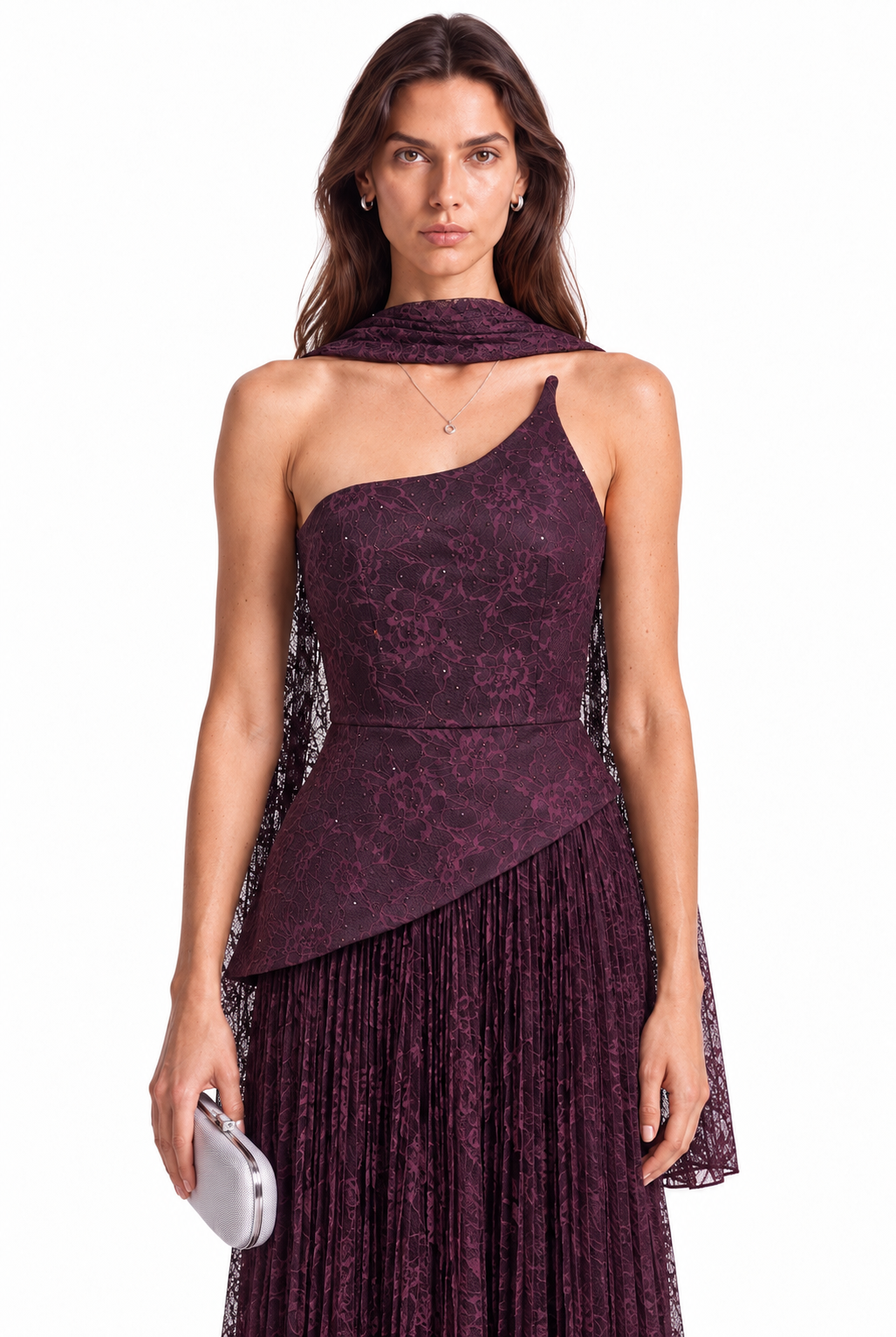 "Elara" Asymmetric Pleated Lace Gown
