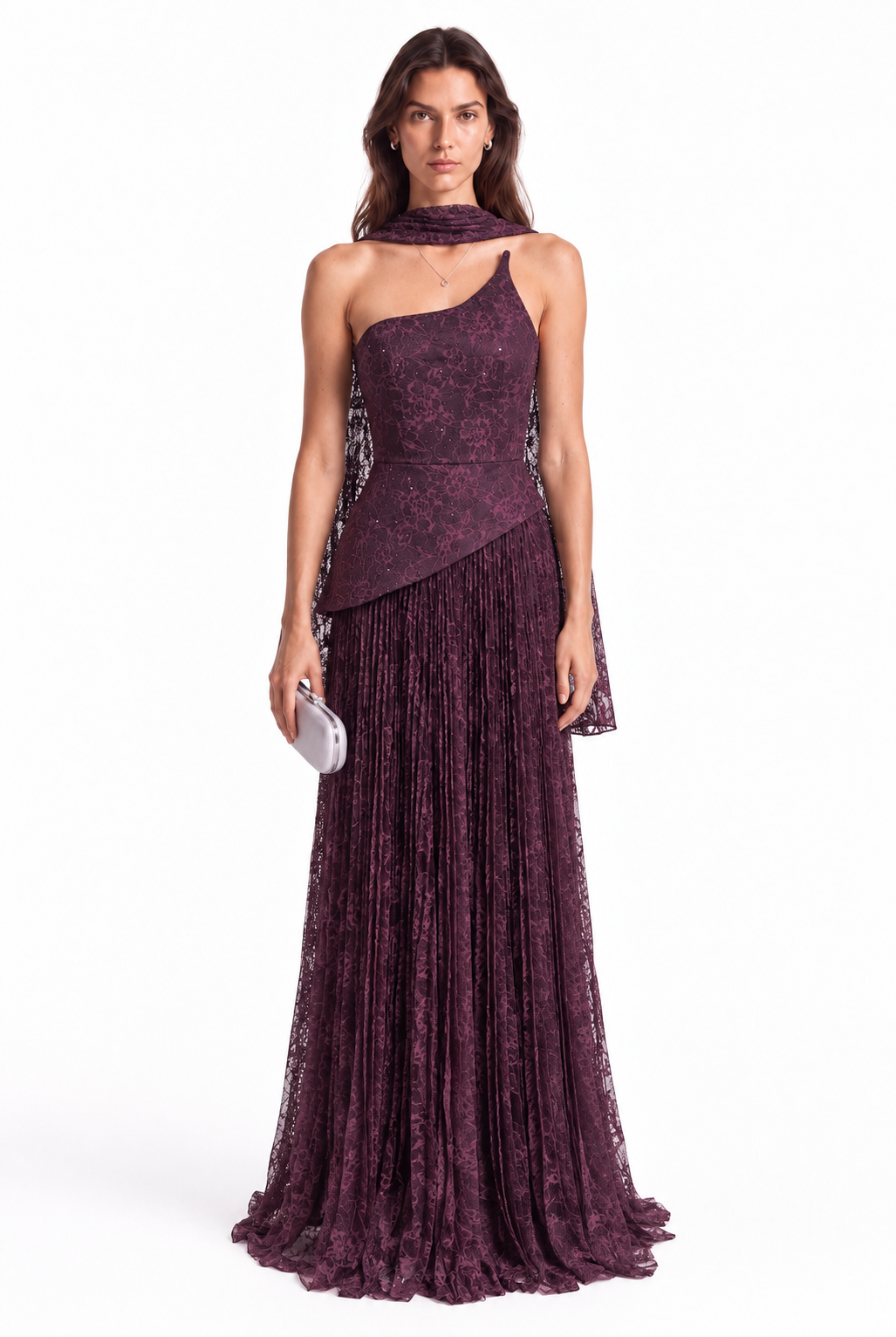 "Elara" Asymmetric Pleated Lace Gown